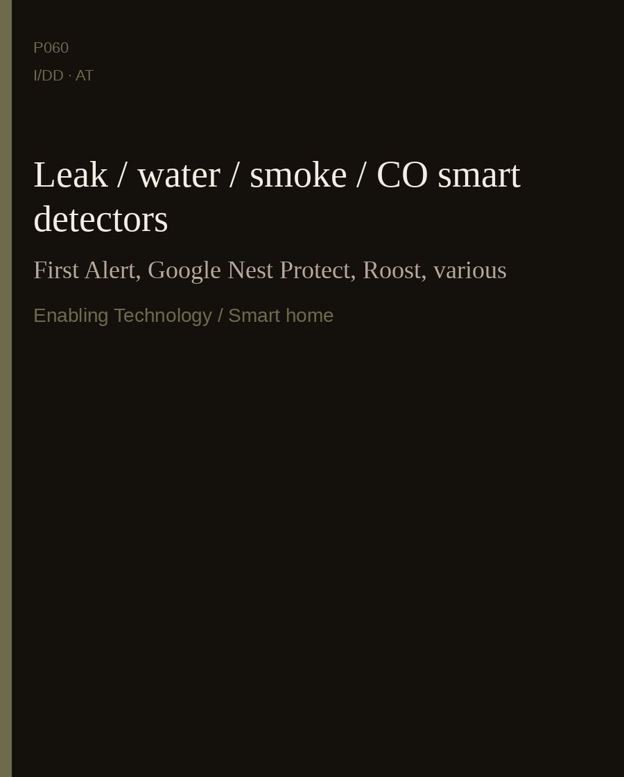 Leak / water / smoke / CO smart detectors — First Alert, Google Nest Protect, Roost, various