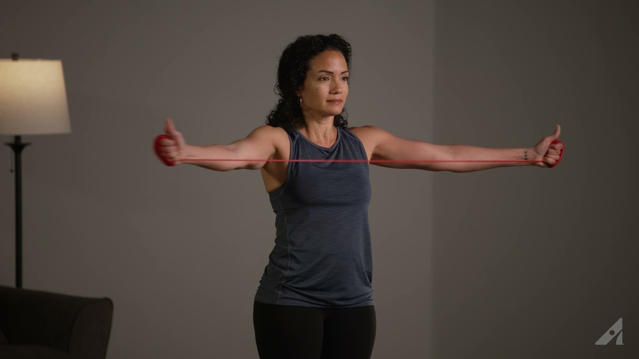 Reverse Fly With Resistance Band demonstrated in the Arthritis Foundation Your Exercise Solution (YES) video