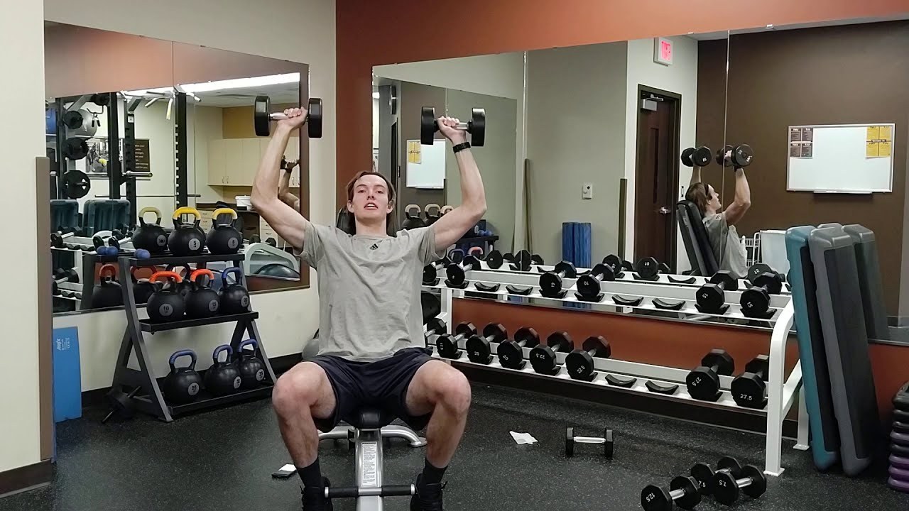 Dumbbell Shoulder Press demonstrated by University of Wyoming Campus Recreation staff (frame from official video)
