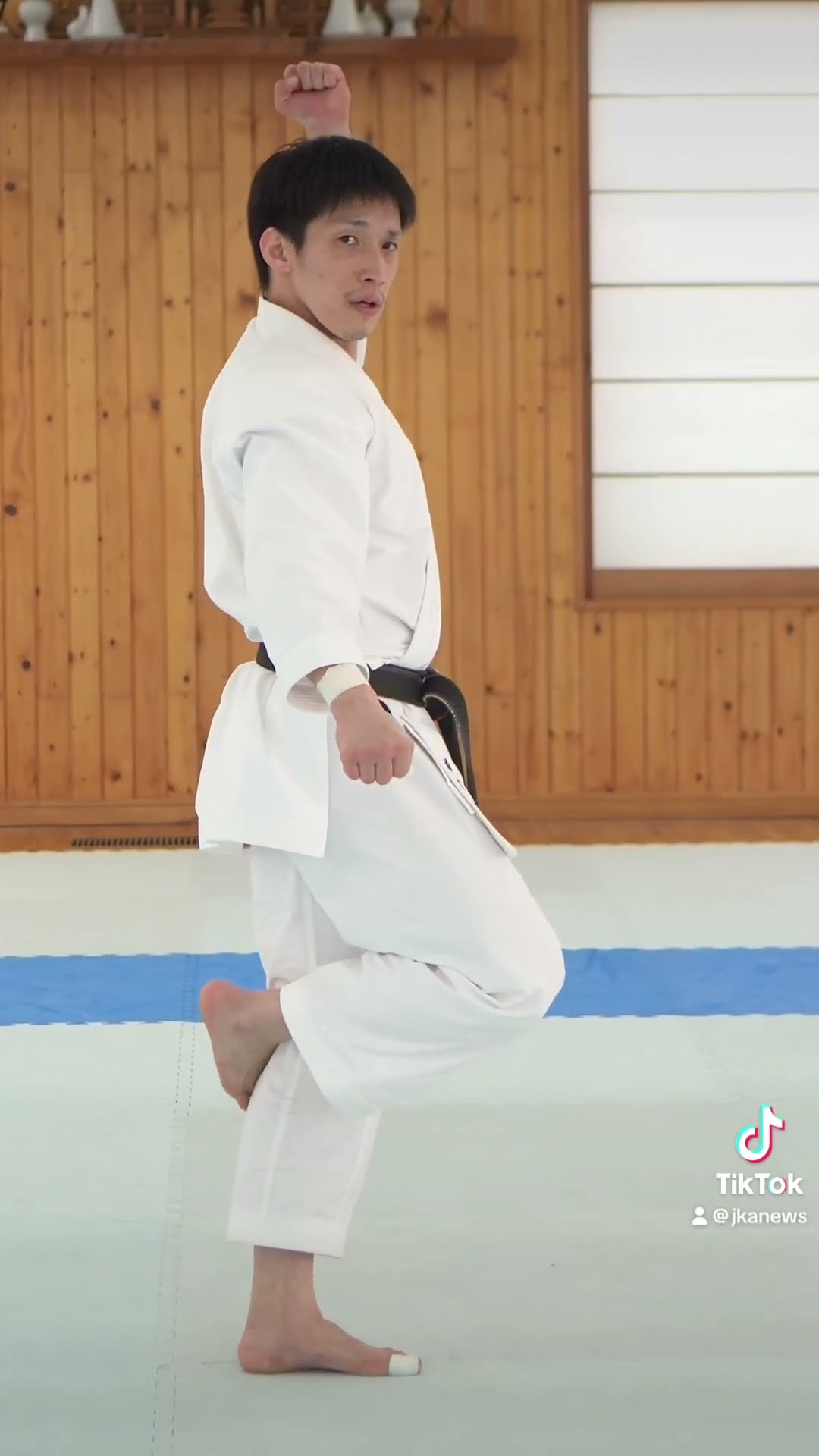 Photo (video still): a JKA karateka in white gi and black belt balancing on one leg in the crane stance while performing Gankaku in a dojo