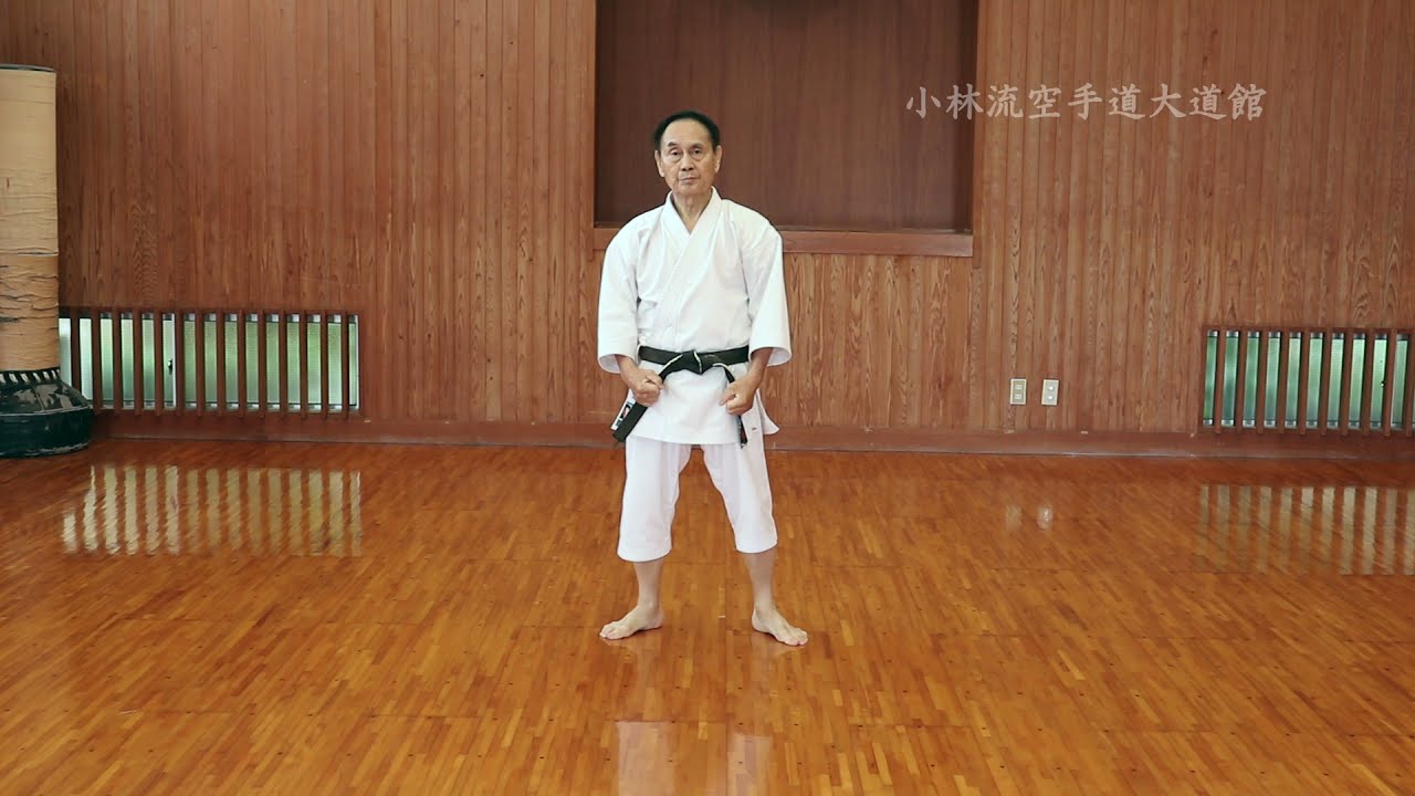 Photo (video still): a Daidokan instructor in white gi and black belt performing Pinan Godan (Kobayashi Shorin-ryu) on a wooden dojo floor