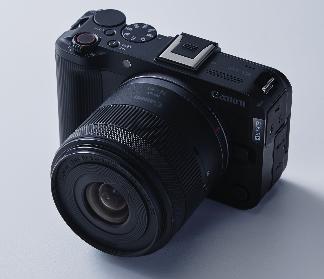 EOS R50 V body shown with a different lens, not the RF-S3.9mm F3.5 STM DUAL FISHEYE